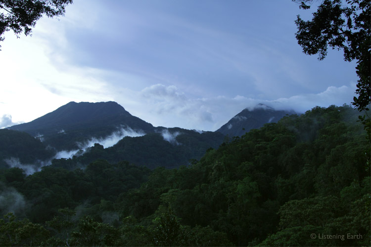 Dusk settles over Kolombangara. This is the view from Imbu Rano Lodge, </br>our base while recording, and we never tired of the ever-changing vista
