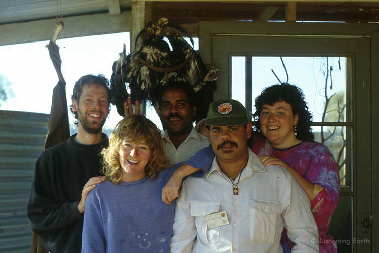 The Mootwingee mob - Andrew and Sarah with rangers at Mootwingee in 1993 <br>(Notice the mummified Wedge-tailed Eagle behind)